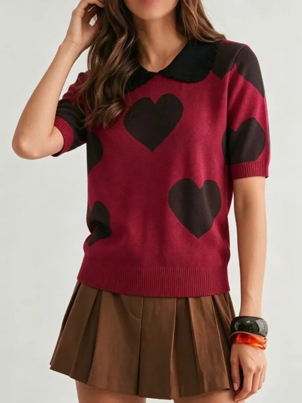 Doll Collar Heart Color Block Short Sleeve Sweater - Picture 5 of 5